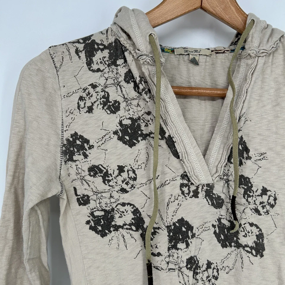 Miss Me Sweater Womens Small Beige Floral Print Hoodie Pullover V-Neck - Image 2 of 4