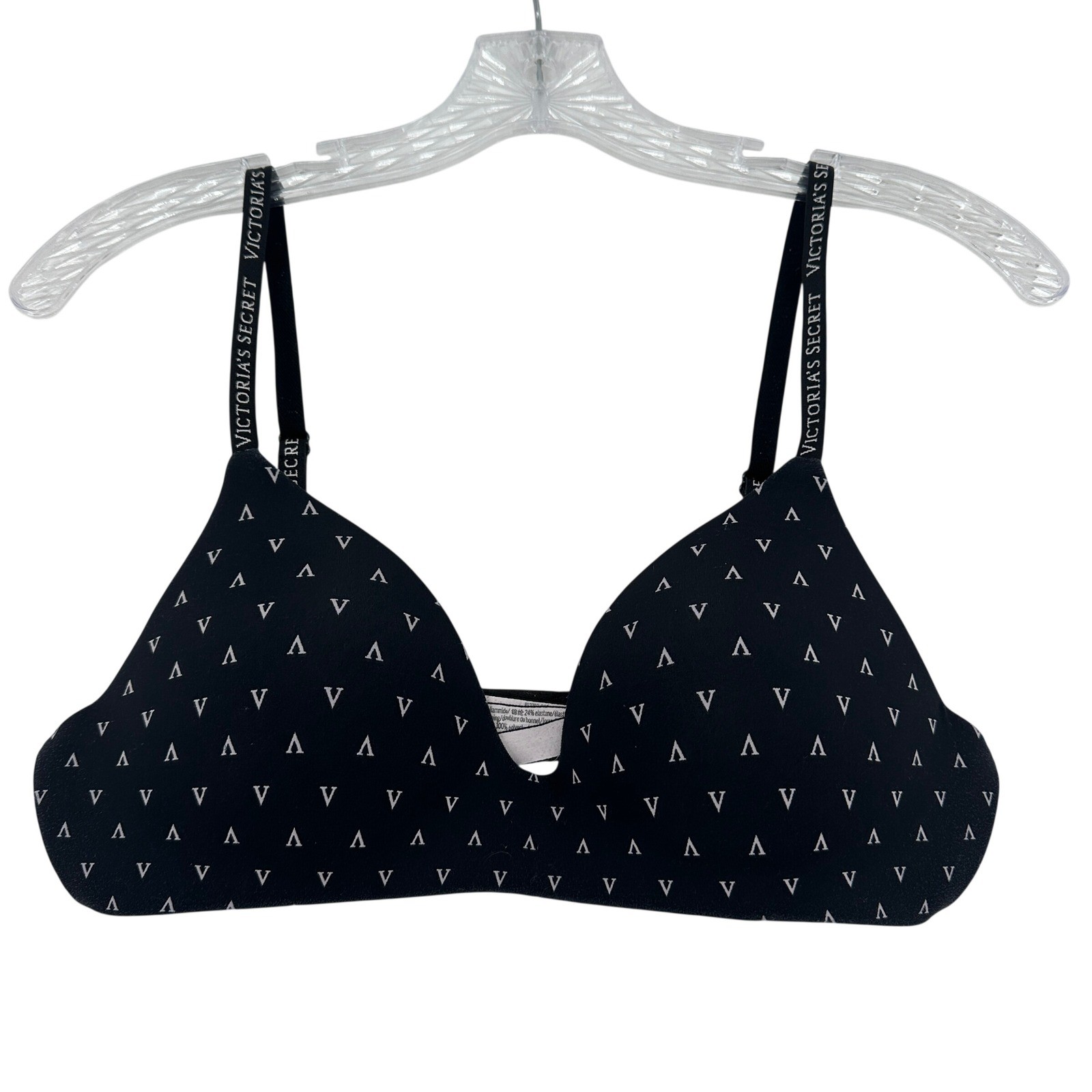 Victorias Secret T-Shirt Wireless Bra 34B Black White Logo Print Lightly Lined