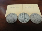 LIBERTY WALKING SILVER HALF DOLLARS, ALL 3 COINS, 1946 S, 1944 S, 1934 S