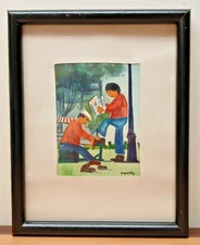 Original Watercolor on Paper, Folk Art, Shoeshine, Signed, 1990s