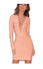 House of CB Women Reyna Bodycon Dress Long Sleeve Pink Cream Size medium