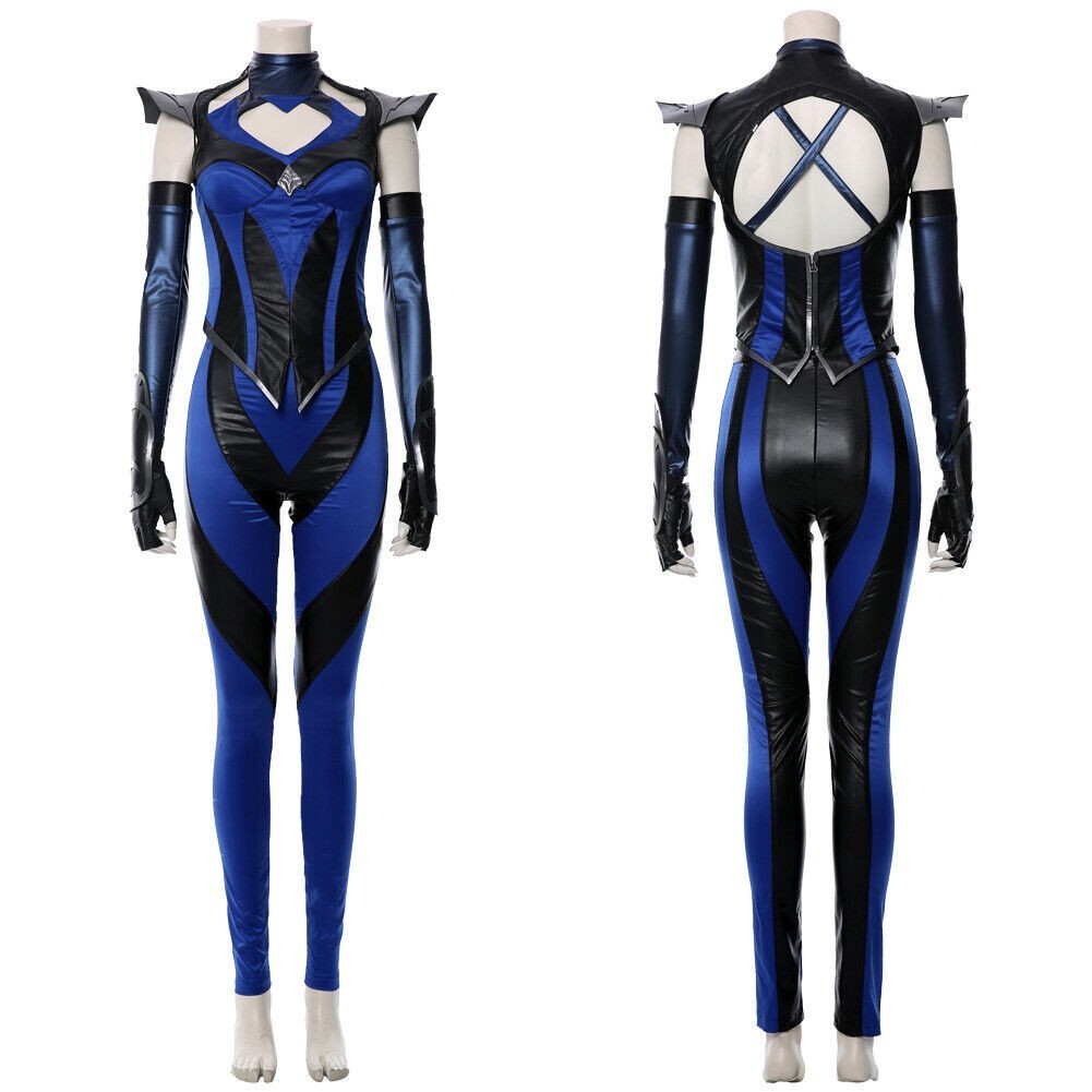 MK 11 Kitana Cosplay Costume FullSet Fancy Dress Jumpsuit Top Pants Uniform Blue