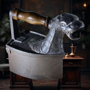 Antique Cast Iron Sad Iron Dragon The Monster RARE Wood Handle w/ Hand Guard