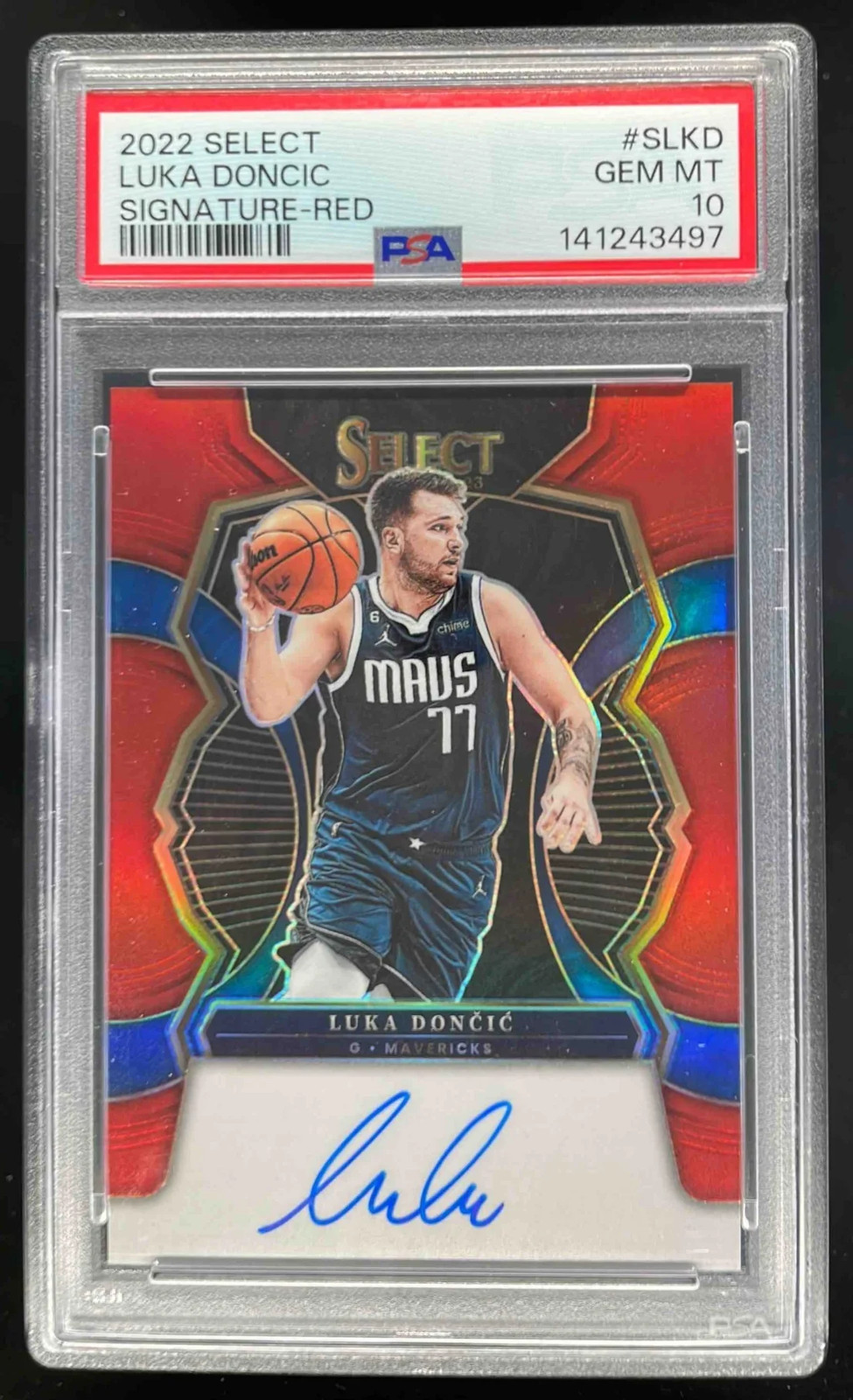 2022-23 Sele Autographed Signedct Signatures Red Prizms #S-LDC Luka Doncic Auto /75 PSA 10 