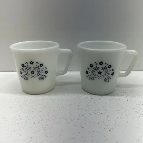 Vintage Pyrex Blue Floral Milk Glass Coffee Mugs Set of 2 300ml Oven Microwave