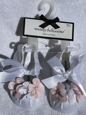 New Wendy Bellissimo White Satin Ballet Flat With Flowers Baby Size 1