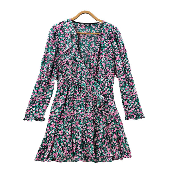 Zara Womens A-line Wrap Dress Size M Green Pink Floral Long SLeeve V-Neck