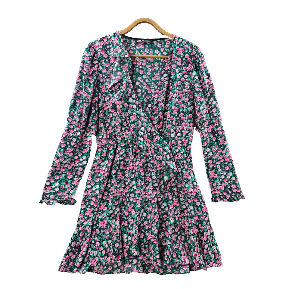 Zara Womens A-line Wrap Dress Size M Green Pink Floral Long SLeeve V-Neck