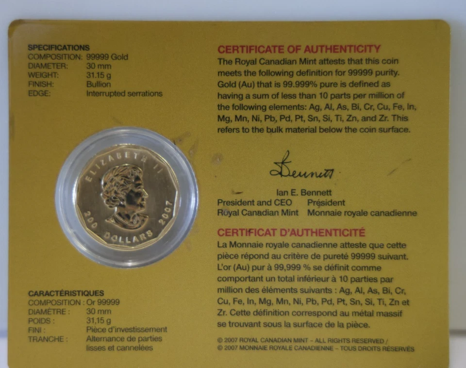 2007 Canada RCM 1 Troy Oz. Maple Leaf .9999 Fine Gold $200 in Original Card - Image 3 of 4
