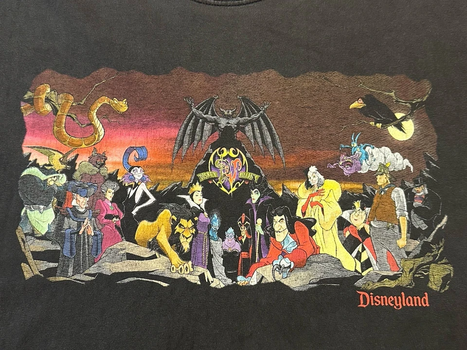 Camiseta Vintage Villanos Disney Negra Desteñida Algodón Envejecido Gráfico L Doble Cara Foto 3 de 4