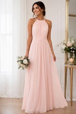 Davids Bridal Bridesmaids Elegant Blush Halter Neck Maxi Formal Gown NWT