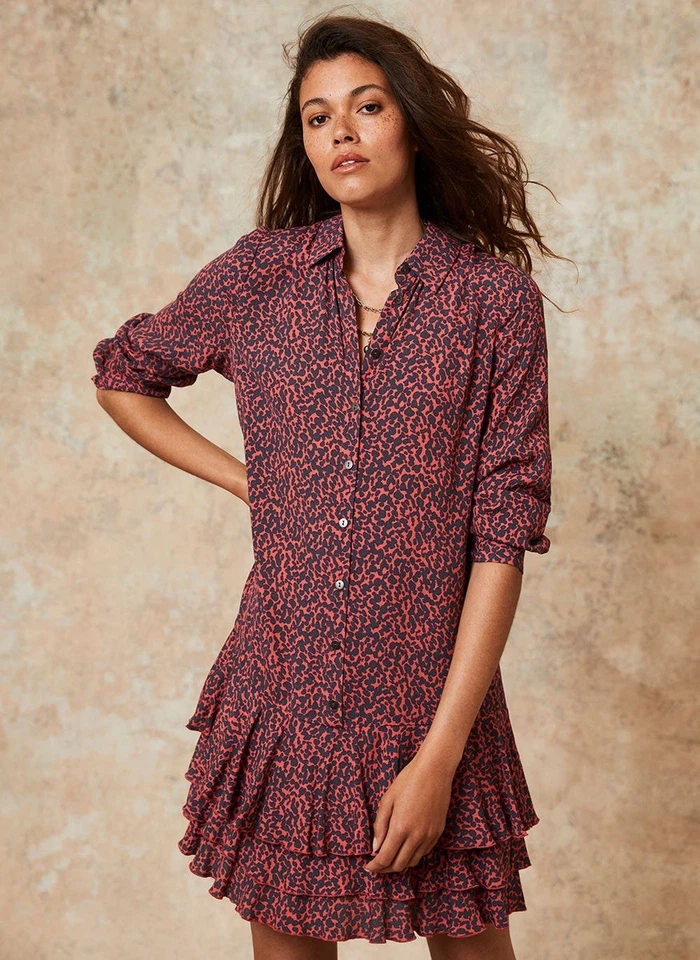 Mint Velvet Drop Waist Tiered Skirt Red Leopard Dress Sz 10 UK 14 L/S Light