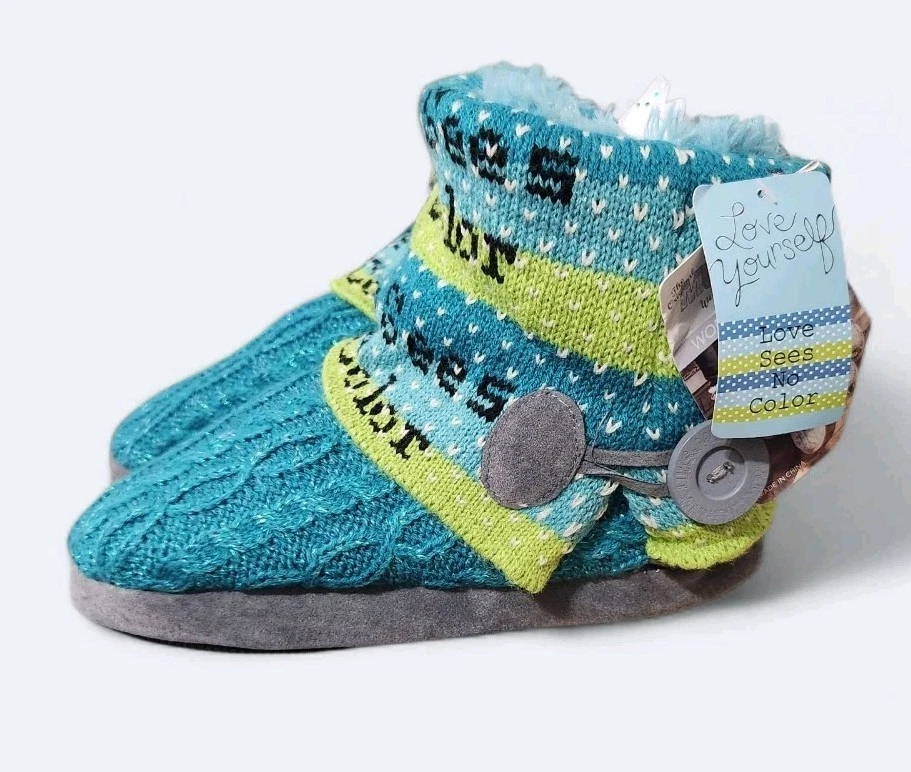 MUK LUKS Women’s Small 5/6 Aqua Cable Knit Boot Slippers "Love Sees No Color" - Image 2 of 4