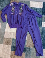 Adolfo Vtg Jacket & Elastic Pants Purple Embroidered Size Medium 80s Vibe 