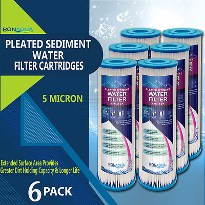 Pleated Sediment Water Filters 6 Washable 5 Micron Cartridges 9.87''x 2.5 