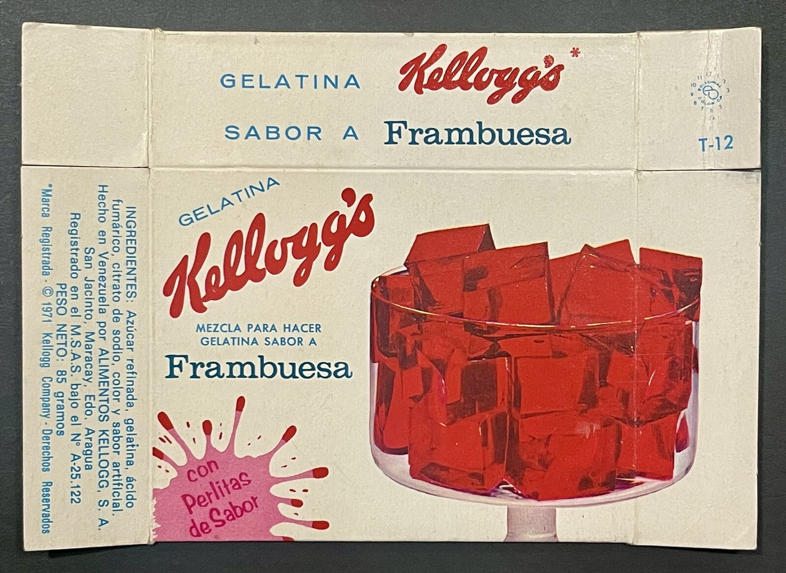 Caja gelatina frambuesa cereal Kellogg’s vintage escasa 1971 Venezuela