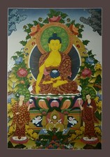 Gold Detailed Hand Painted Cotton Canvas Shakyamuni Buddha Thangka Painting