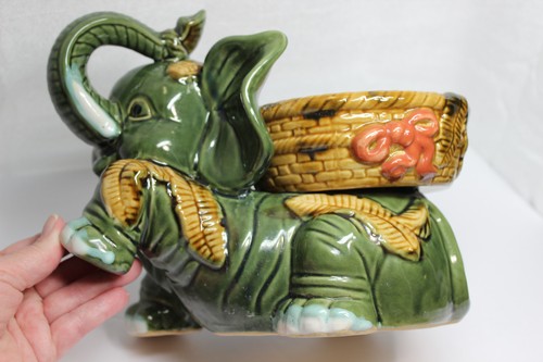 Vtg Green Palm Fern Leaf Ceramic Elephant Pottery Garden Patio Planter Glazed - Picture 3 of 12