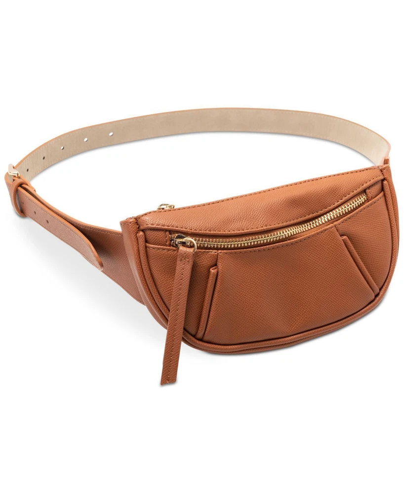 INC Belt Bag Size L Fanny-Pack Pebbled Brown Vegan Leather Sling-Back Gold Zip