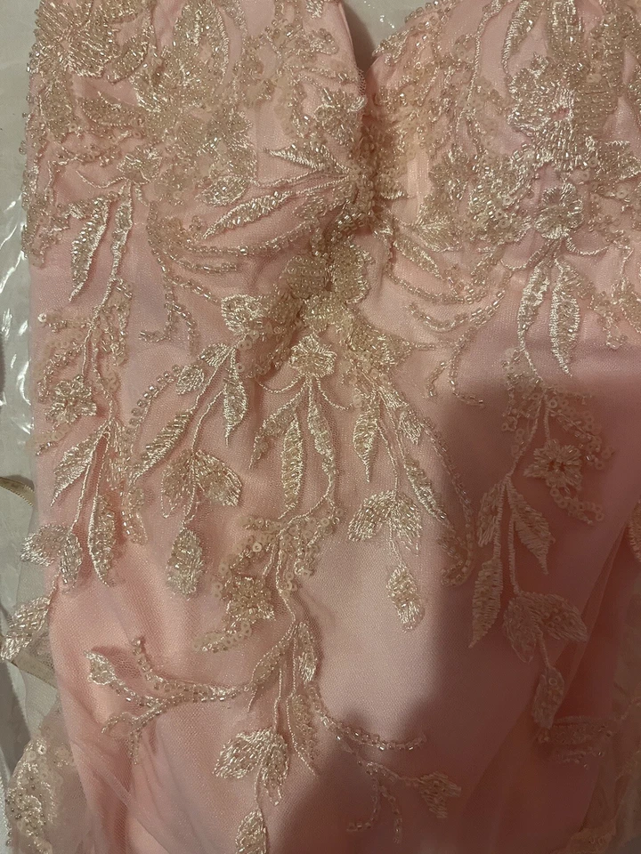 Vestido de graduación rosa de encaje con cuentas espalda abierta largo delicado rosa nuevo sin usar talla 6 para mujer Foto 4 de 4