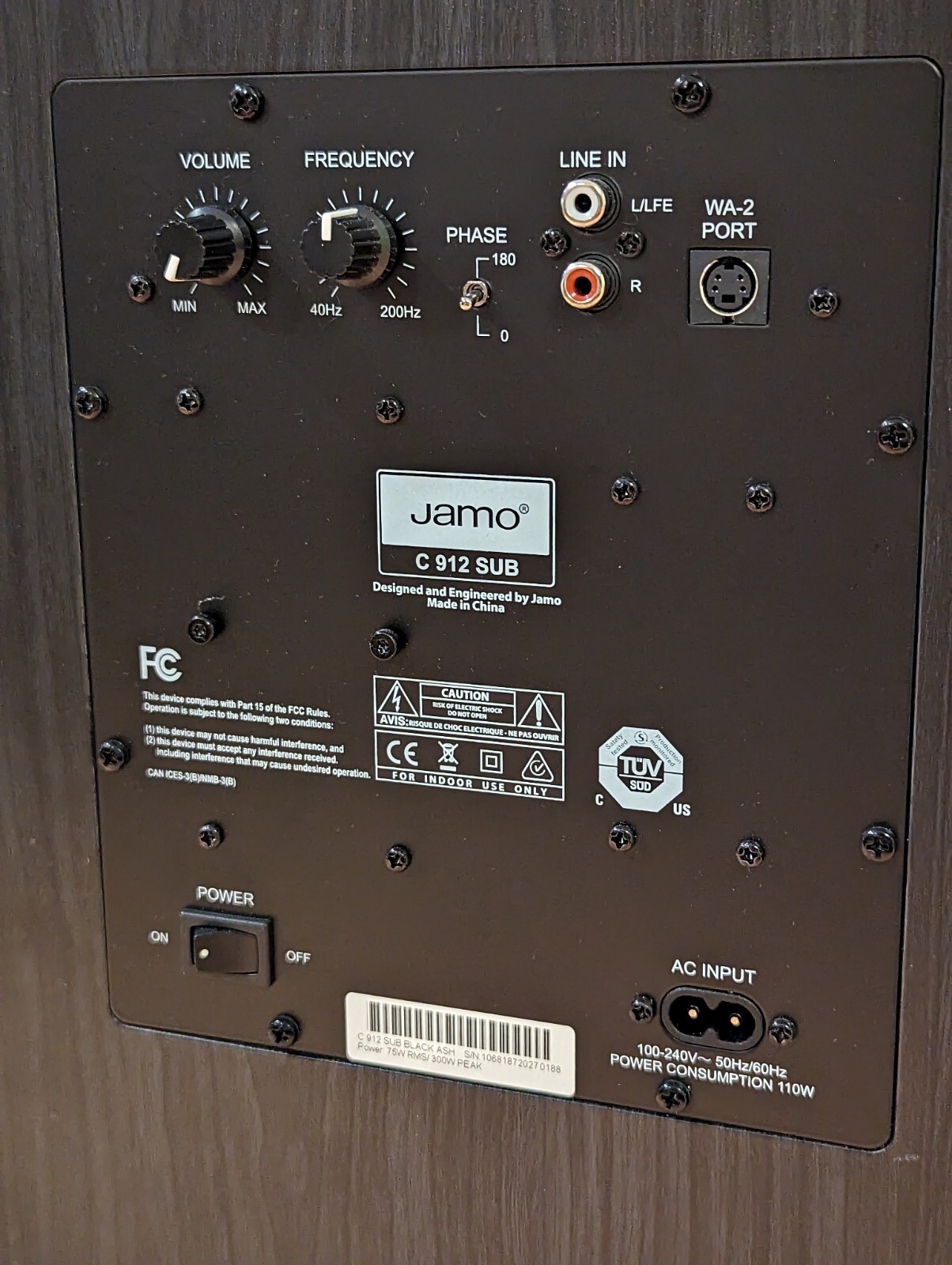 Jamo C912 12" FrontFiring 400W Class D AMP Powered Subwoofer Black Ash