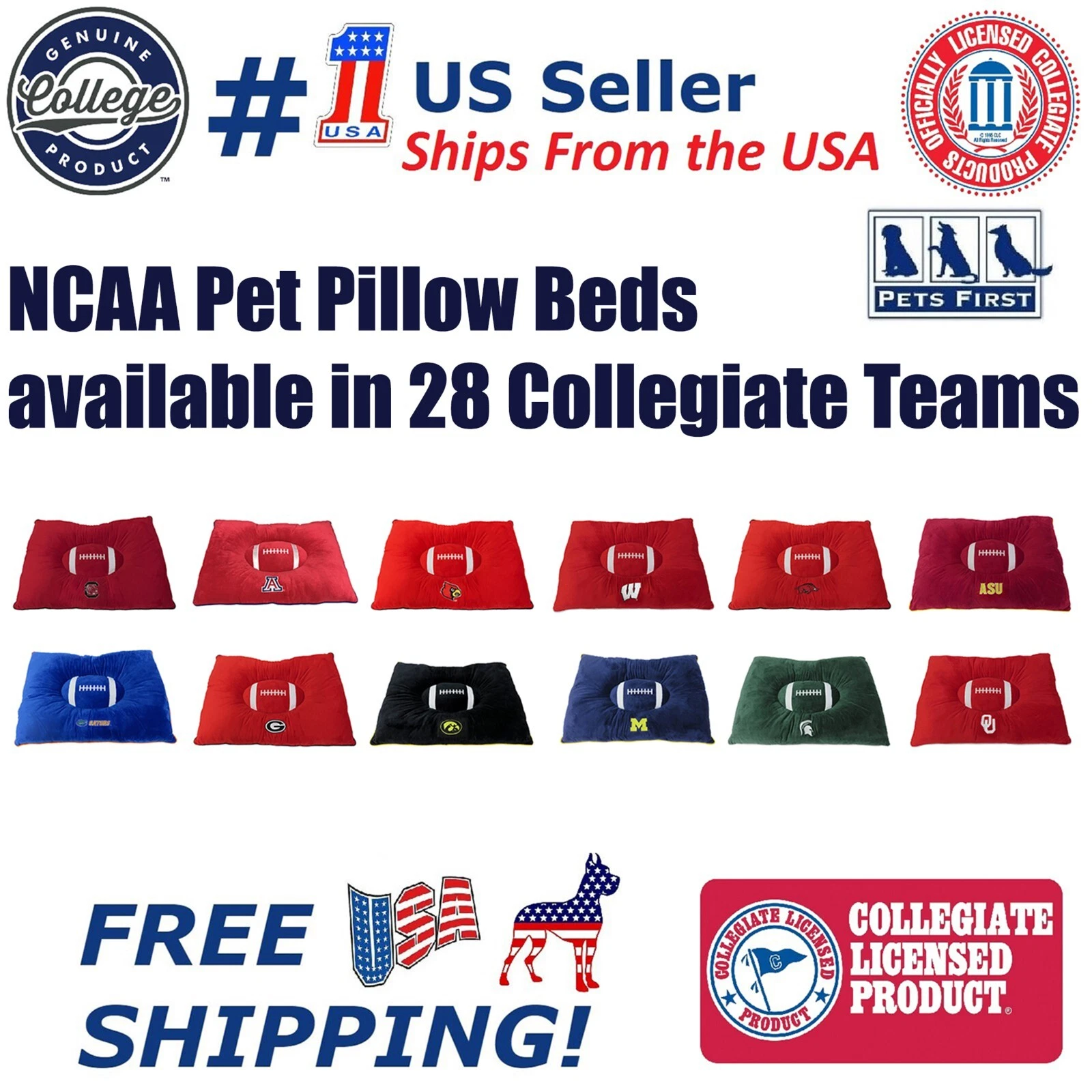 NCAA Soft & Cozy Plush Pillow Bed For Dogs & Cats Premium Quality Dog Pillow Bed