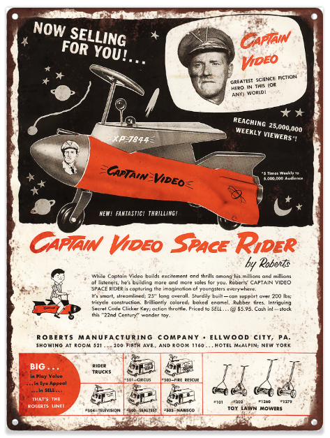 1955 Pedal Car Space Rider Advertising Baked Metal Repro Sign 9 x 12 60117