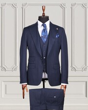 Men's 3-Piece Stripped Navy Blue Suit