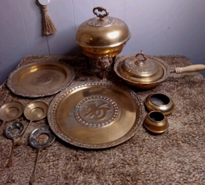 Vtg Brass Ornate Etched Brass Serving Set Chafing Dish, Pan, Serving Trays  13pcs