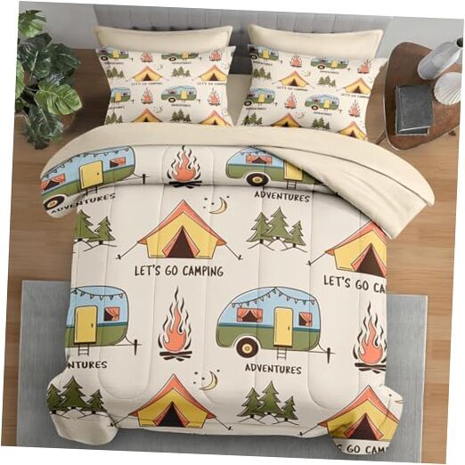 Comforter Set Size, Summer Camp 7 Pcs Bedding for Kids and Adults, Queen Camper-image
