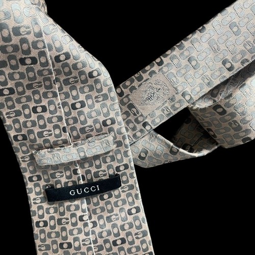 Gucci Tie Hardware G Mark Silk Cotton Beige Silver Men Made in Italy - Picture 4 of 8