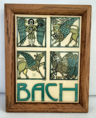 1973 BACH Tile by David Lance Goines Art Deco Ceramic Tile Wood Frame 1970s