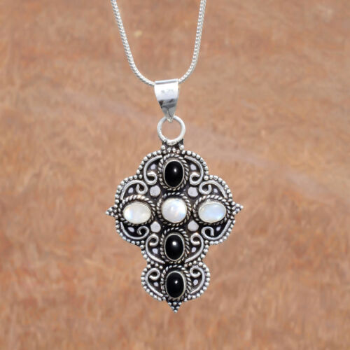 Moonstone & Black Onyx Gemstone 925 Sterling Silver Brother's Gift Jewelry Cross - Picture 3 of 8