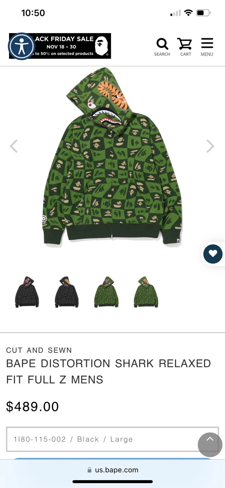 A BATHING APE (BAPE) FELPA CON CAPPUCCIO VERDE CON CERNIERA A DISTORSIONE BAPE TAGLIA XL