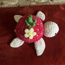 Handmade Crochet Plushie Strawberry Turtle 9  x 8  Chenille Yarn White/Hot Pink
