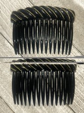 Vintage Hair Combs, black Plastic with Gold Twisted Wire Set of 2
