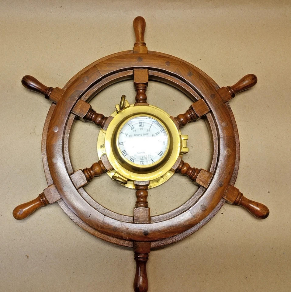 复古黄铜和木质时钟“Ship's Time”船舶车轮 19 英寸工作状态 — 第 3/4 张图片