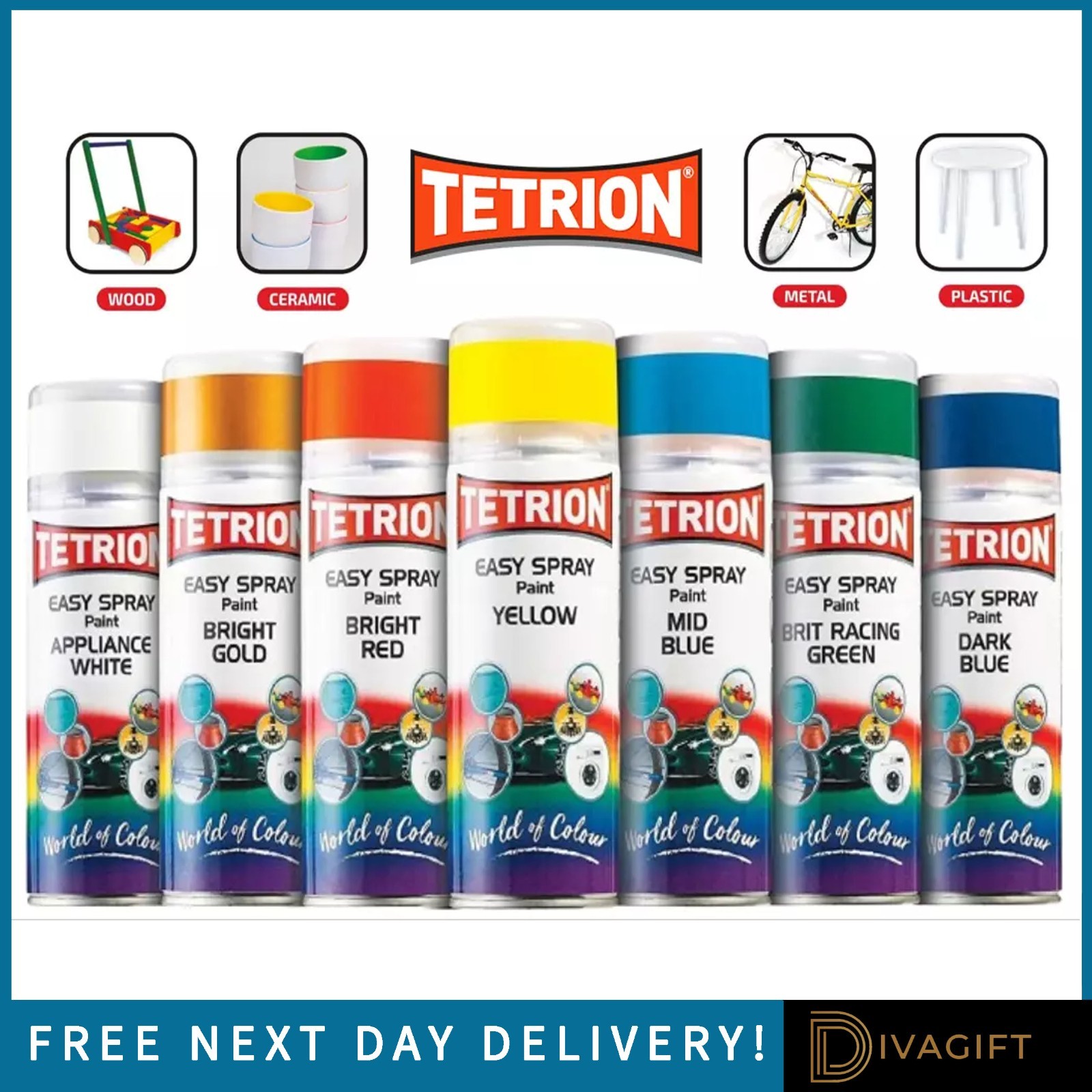TETRION EASY SPRAY PAINT 400ML ACRYLIC BASED ALL COLOURS FOR METAL PLASTIC WOOD