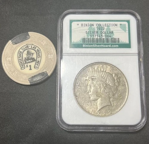 BINION HOARD~1922 P PEACE S$1~90% SILVER~BENNY IMAGE H&C HORSESHOE $CHIP~LV NEV.