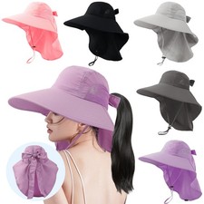 Women Wide Brim Sun Hat with Neck Flap Ponytail Hole for Fishing Hiking Camping