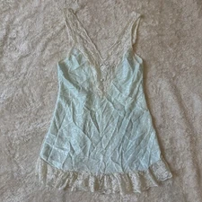 Vintage 90s Val Mode Teal Babydoll Nightie Dress Satin Lace Medium Lingerie