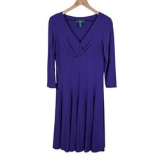 Lauren Ralph Lauren Womens 8 Purple V Neck Pleated Stretch A-Line Midi Dress