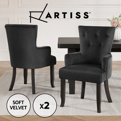 Artiss 2x Dining Chairs French Provincial Chairs Cafe Kitchen Retro Velvet Black - image 1 of 4