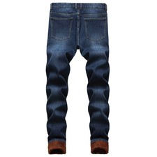 Mens Winter Fleece Lined Jeans Vintage Style Pants Stretchy Slim Trouser Classic