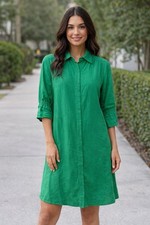 Boho Chic Green Woven Shirt Dress Collared Button Front XS Knee Length Pockets