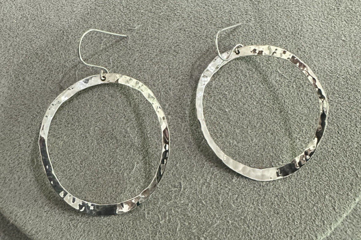 Vintage Sterling Silver Large Hammered Curved Hoop Hook Earrings Mexico 2.25