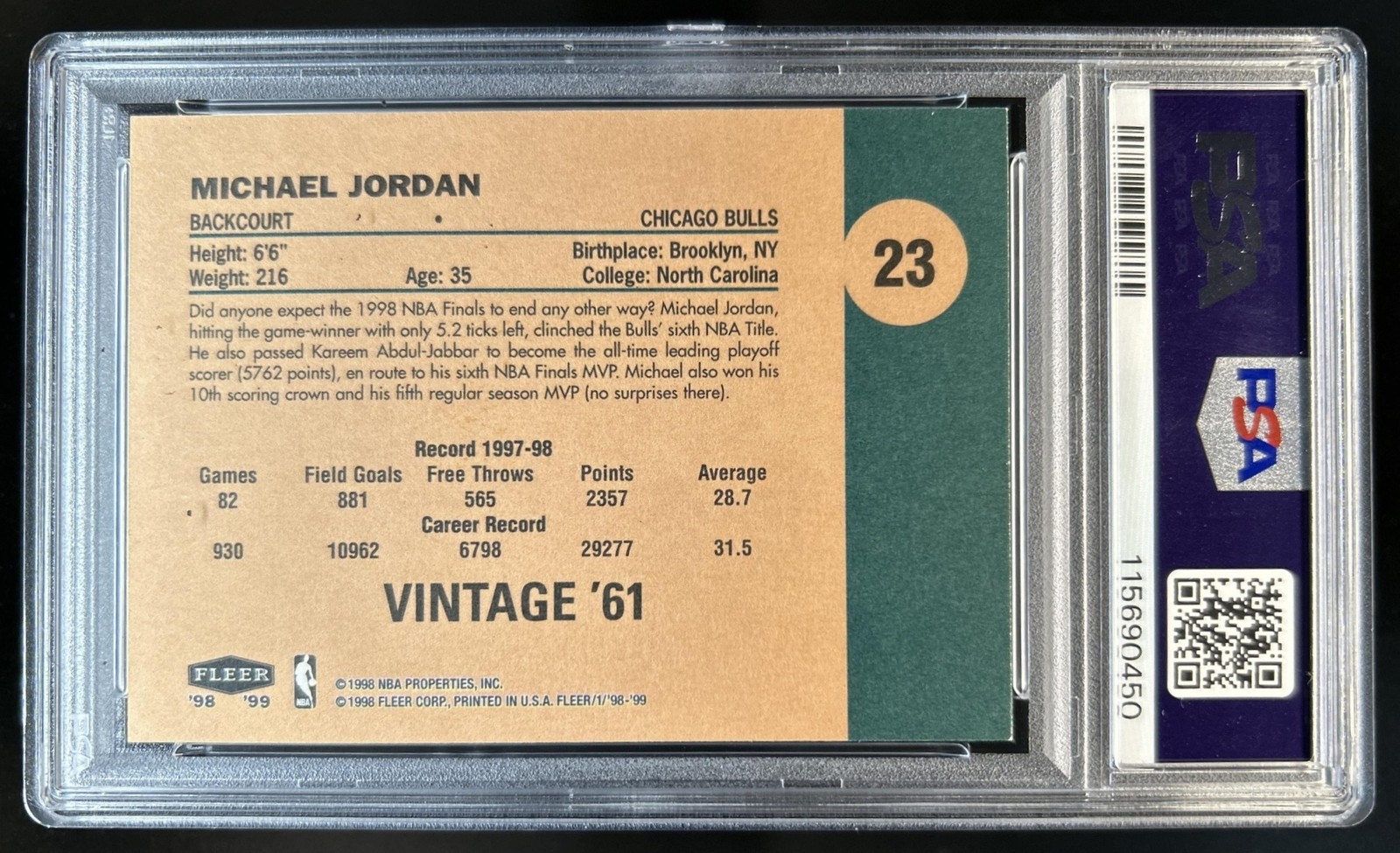 1998-99 Fleer Tradition Michael Jordan Vintage '61 #23 Bulls PSA 9 view 2