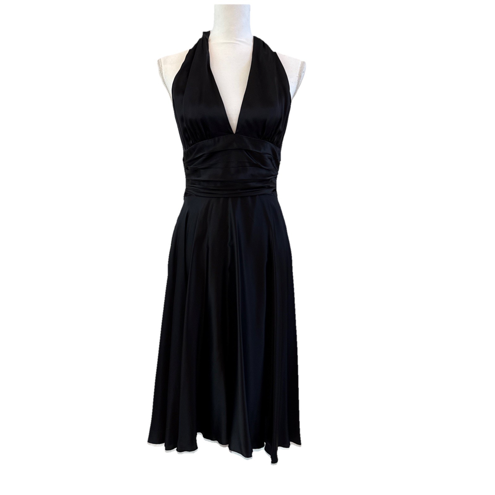 Y2K Silk Halter Dress Black Open Back Tie Neck Midi Flowy Size 8