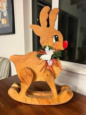 Wooden Rocking Reindeer Hand Painted Christmas Decor Folk Art 17.25in Rudolph