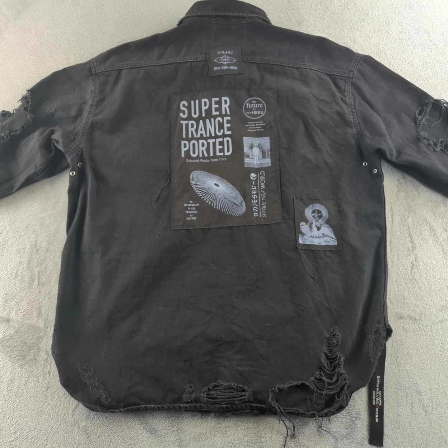 Diesel Shirt Jacket Mens Large Black Distressed Thrashed Denim Patch Grunge